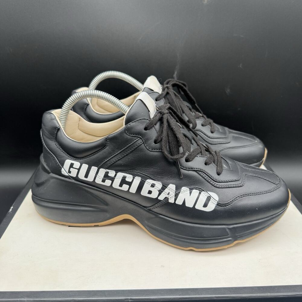 Gucci Rhyton Gucci Band Sneakers Black Leather W/ Box Laces & Dust Bags Mens 9